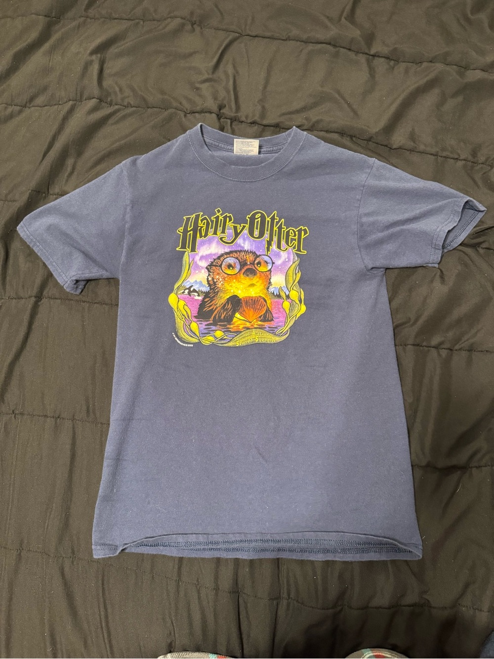 Mens vintage Graphic Tee with Yellow & Purple Otter Illustration - Blue